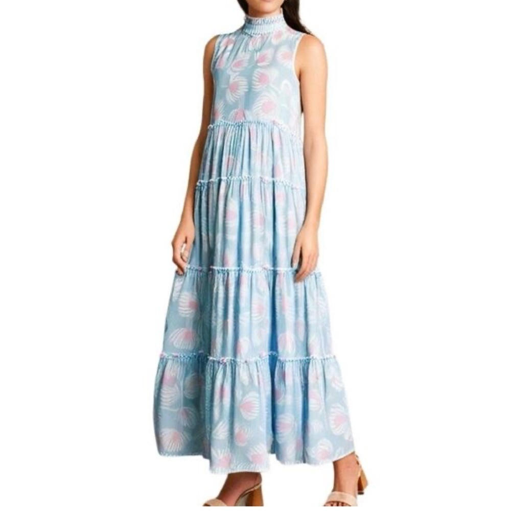 J. MARIE Ellie Floral Ruffle Sleeveless Blue Pink High Tiered Midi Dress NWT